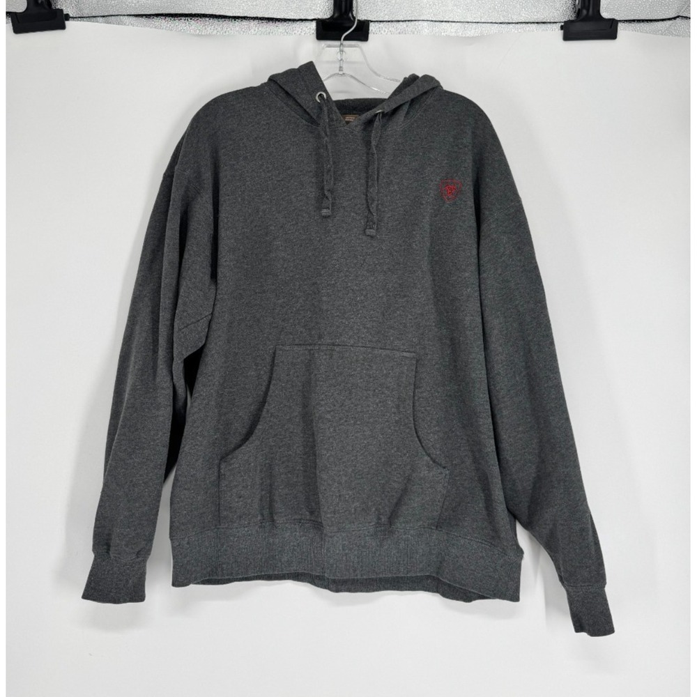 Ariat Hoodie Sweatshirt Mens Size Large Logo Fleece Pullover Dark Grey Graphic